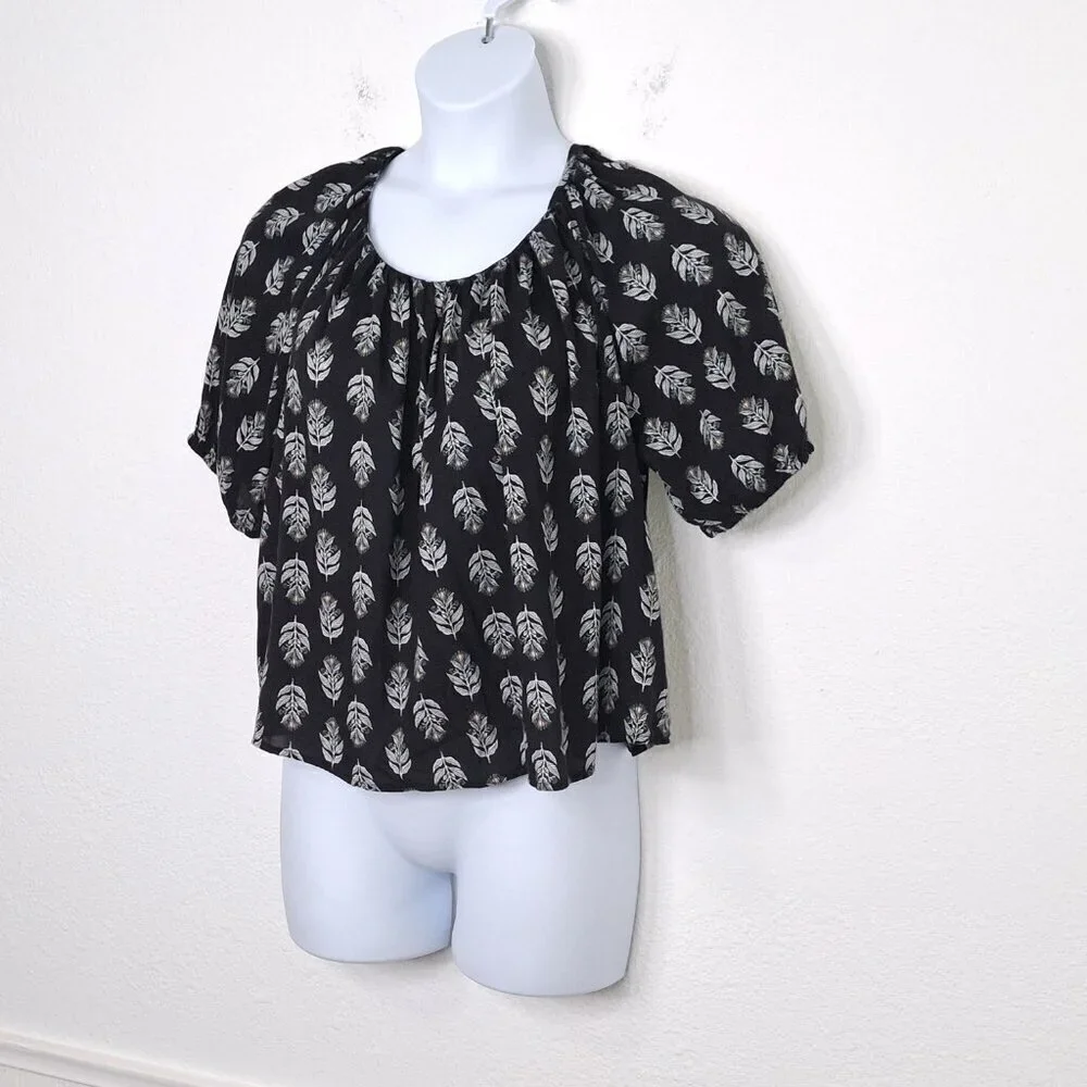 Old Navy Floral Blouse Sz L Puff Sleeve Flowy Tie Back Boho Coastal Neutral